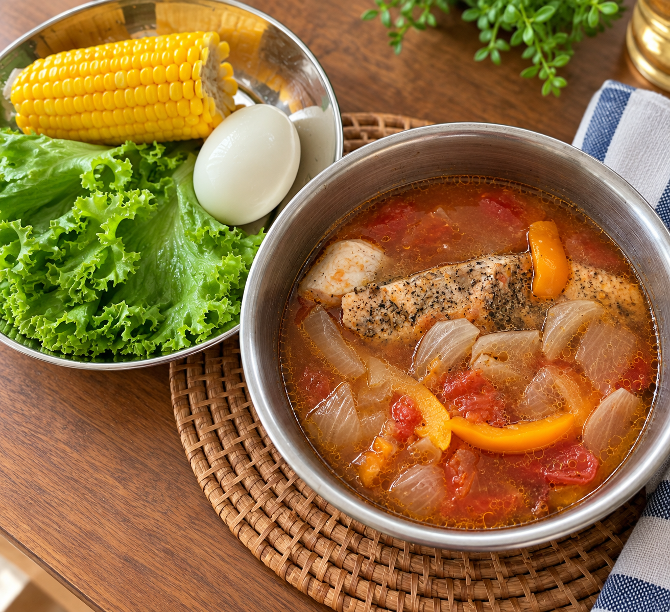 Salmon Tomato Stew with Corn, Egg & Fresh Lettuce